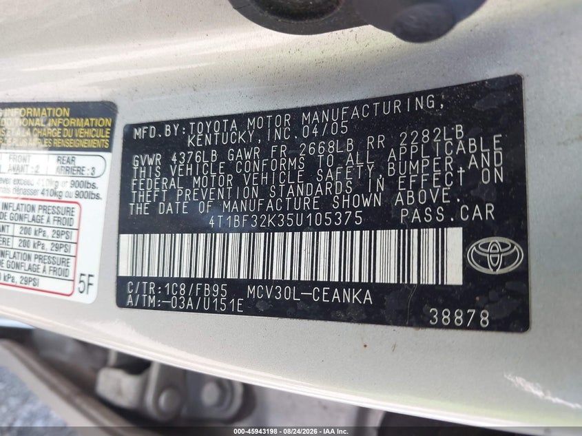 TOYOTA CAMRY 2005 VIN 4T1BF32K35U105375