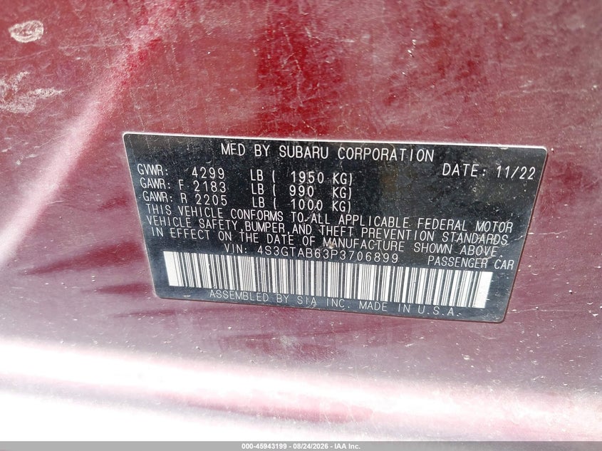 SUBARU IMPREZA 2023 VIN 4S3GTAB63P3706899