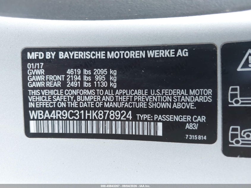 BMW 430I 2017 VIN WBA4R9C31HK878924