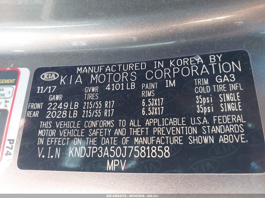 KIA SOUL 2018 VIN KNDJP3A50J7581858