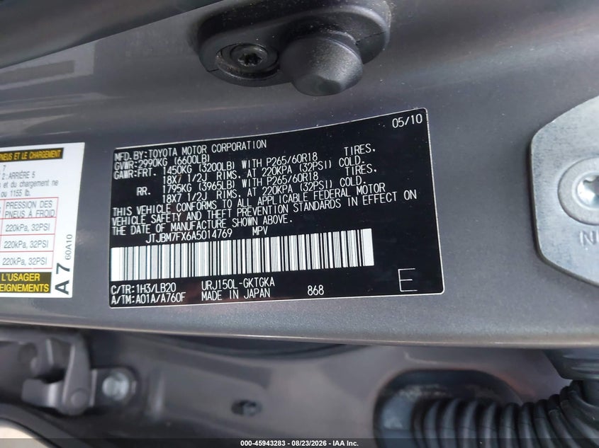 LEXUS GX 460 2010 VIN JTJBM7FX6A5014769