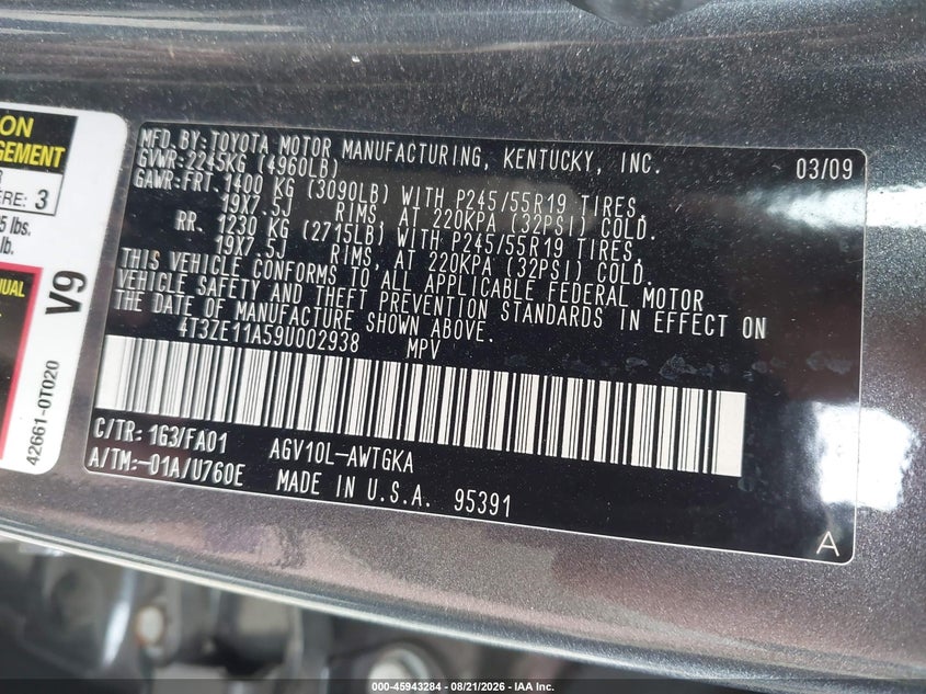 TOYOTA VENZA 2009 VIN 4T3ZE11A59U002938