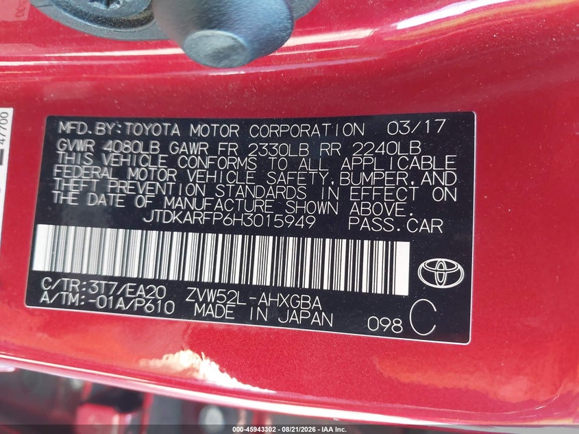 2017 TOYOTA PRIUS HATCHBACK 1.8L I-4 DOHC, VVT, 95HP
