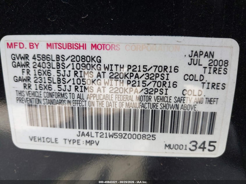 2009 MITSUBISHI OUTLANDER SPORT UTILITY VEHICLE 2.4L I-4 DOHC, VVT, 168HP
