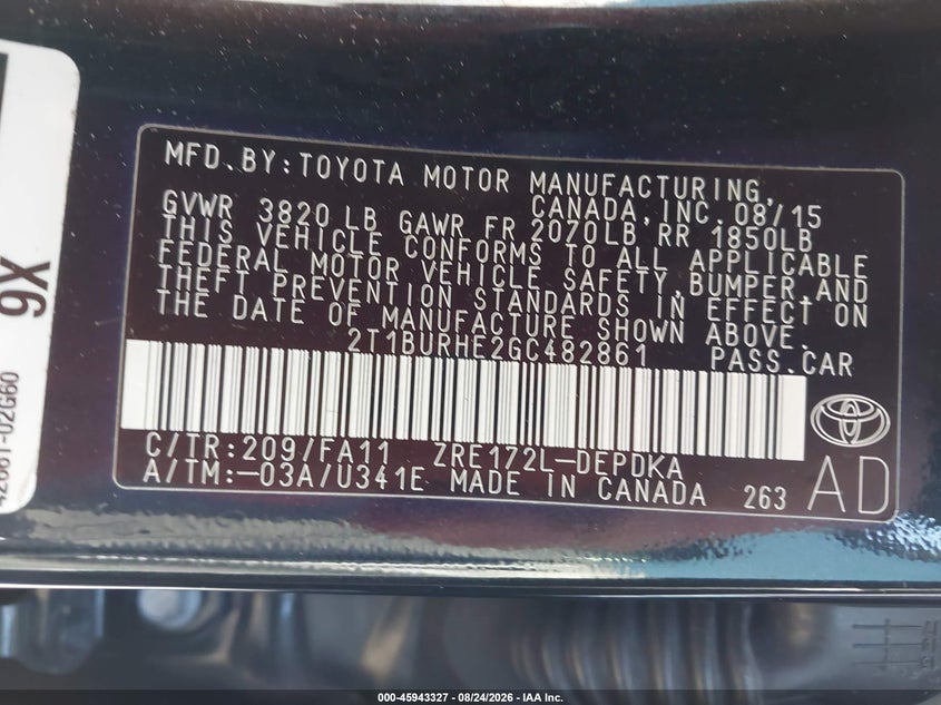 2016 TOYOTA COROLLA SEDAN 1.8L I-4 DOHC, VVT, 132HP