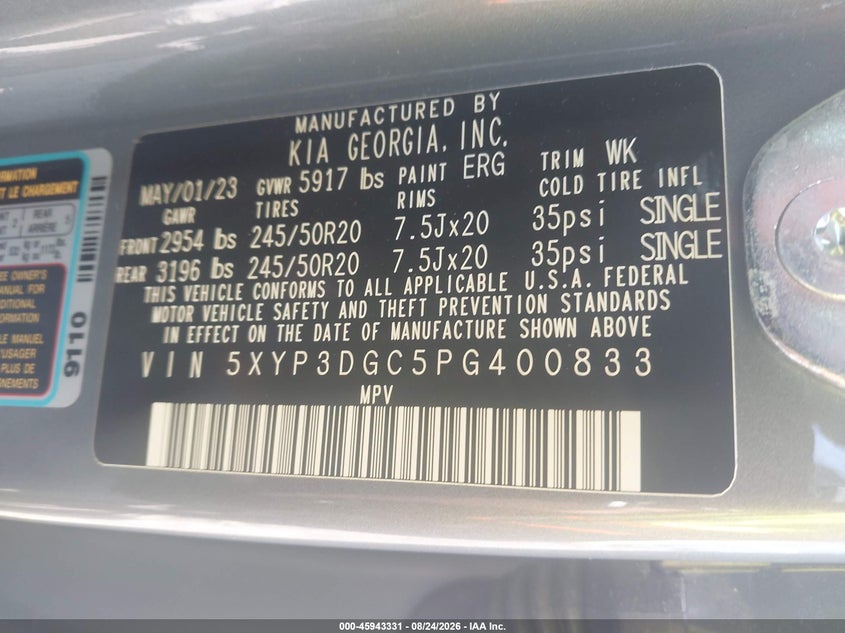 KIA TELLURIDE 2023 VIN 5XYP3DGC5PG400833