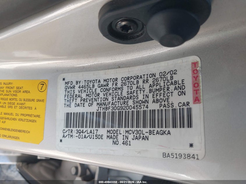LEXUS ES 300 2002 VIN JTHBF30G920045574