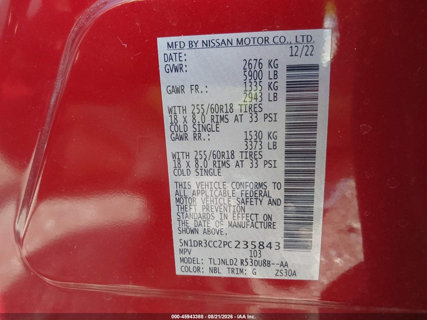 NISSAN PATHFINDER 2023 VIN 5N1DR3CC2PC235843
