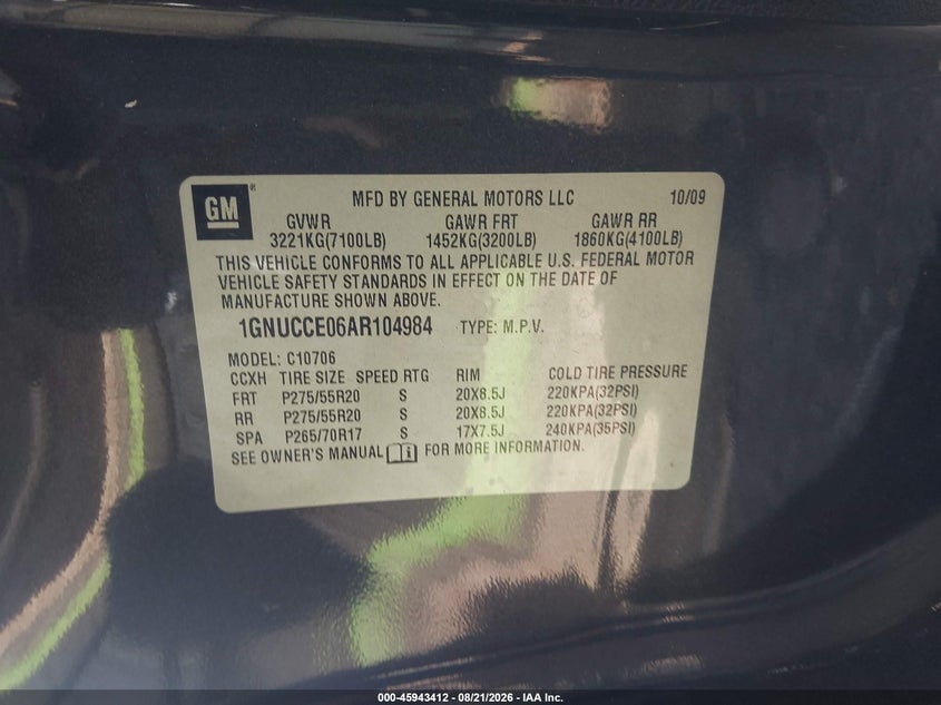 CHEVROLET TAHOE 2010 VIN 1GNUCCE06AR104984