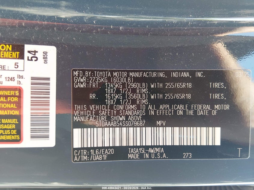 TOYOTA GRAND HIGHLANDER 2025 VIN 5TDAAAB54SS079687