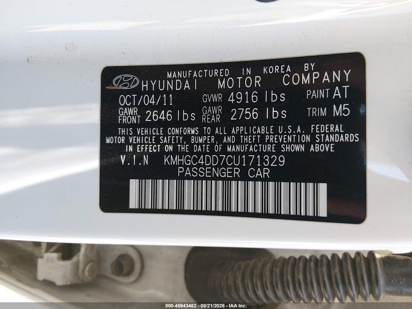 HYUNDAI GENESIS 2012 VIN KMHGC4DD7CU171329