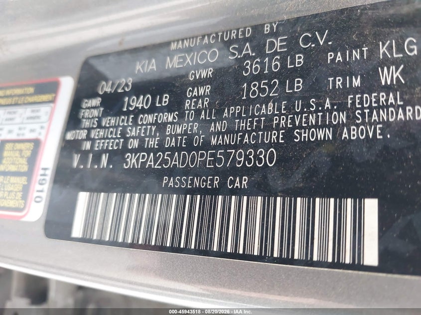 KIA RIO 5-DOOR 2023 VIN 3KPA25AD0PE579330