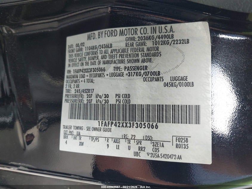 2003 FORD MUSTANG COUPE 4.6L V-8 260HP