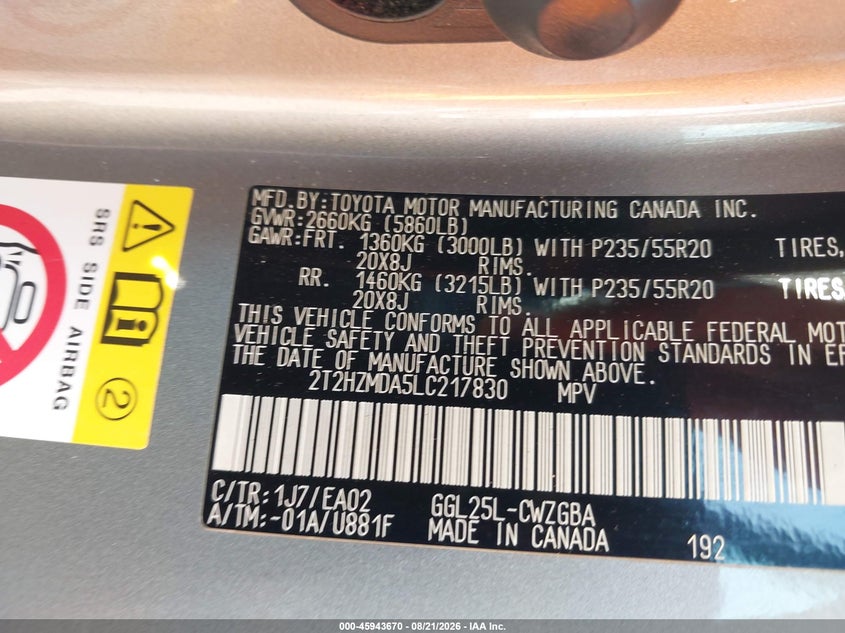 LEXUS RX 350 2020 VIN 2T2HZMDA5LC217830