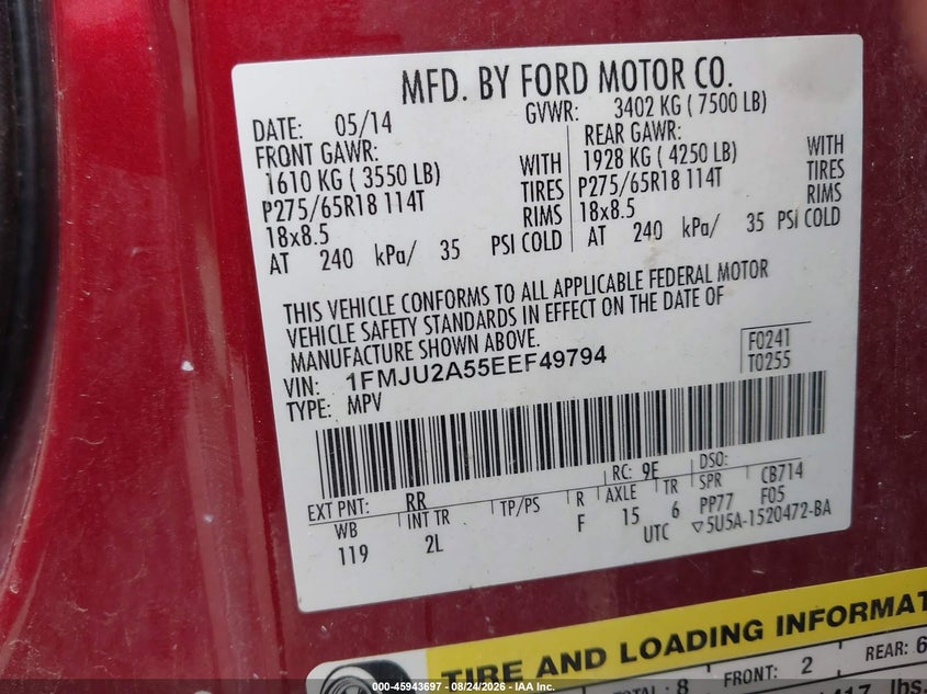 FORD EXPEDITION 2014 VIN 1FMJU2A55EEF49794