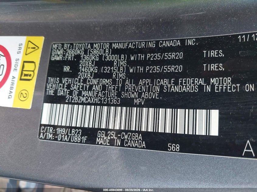 LEXUS RX 350 2017 VIN 2T2BZMCAXHC131363