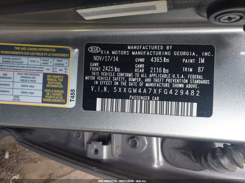 KIA OPTIMA 2015 VIN 5XXGM4A7XFG429482