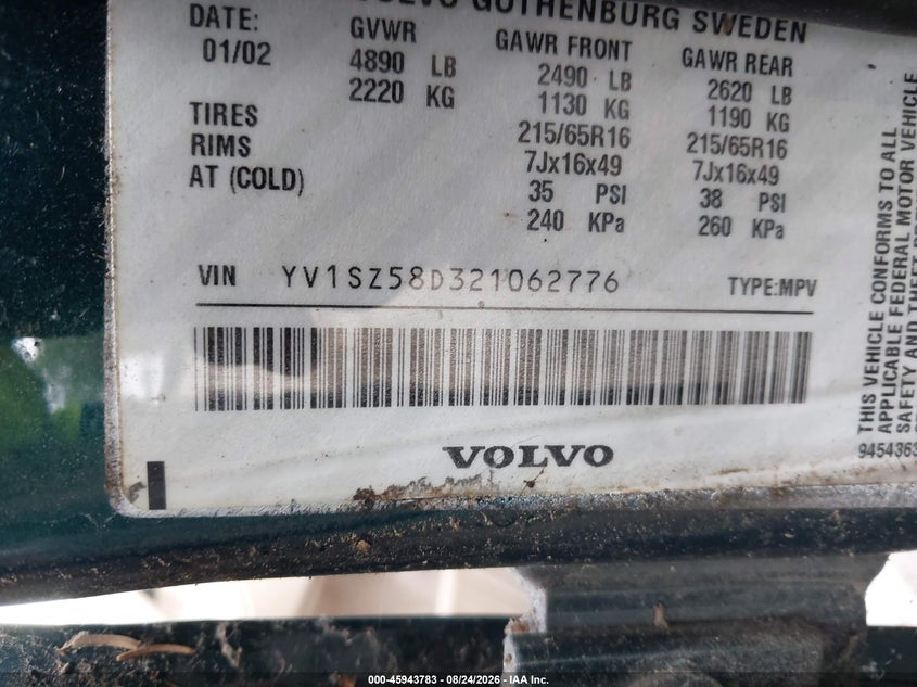2002 VOLVO V70 WAGON 2.4L I-5 DOHC, VVT, TURBO, 197HP
