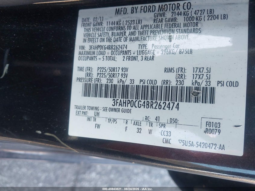 FORD FUSION 2011 VIN 3FAHP0CG4BR262474