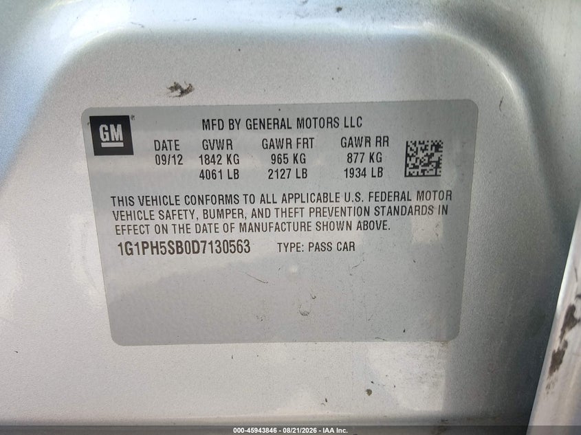 CHEVROLET CRUZE 2013 VIN 1G1PH5SB0D7130563
