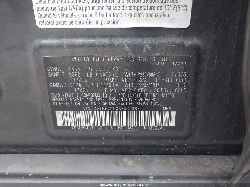 SUBARU OUTBACK 2011 VIN 4S4BRCKCXB3438383