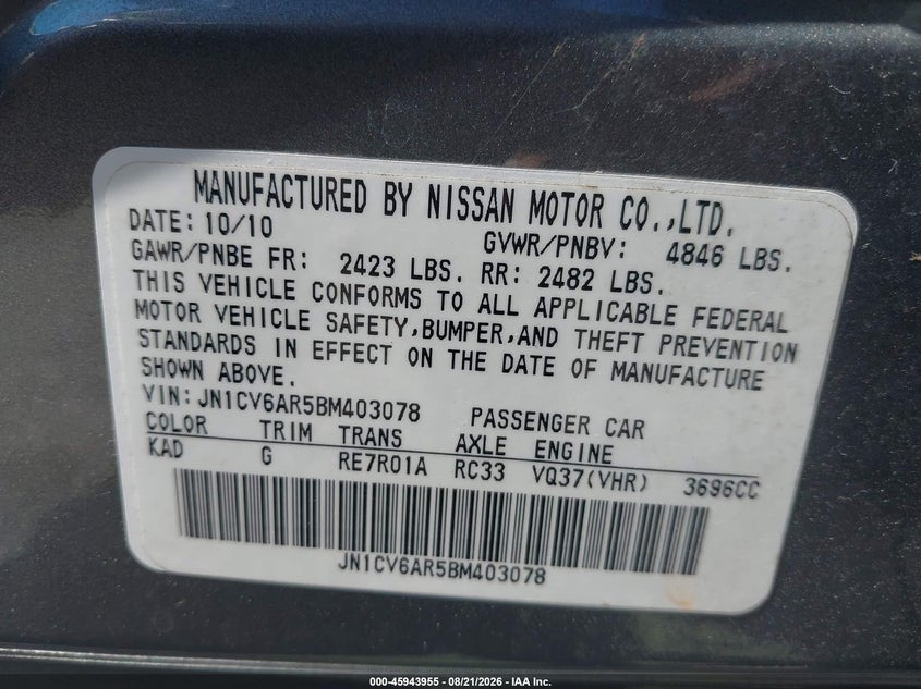 INFINITI G37X 2011 VIN JN1CV6AR5BM403078