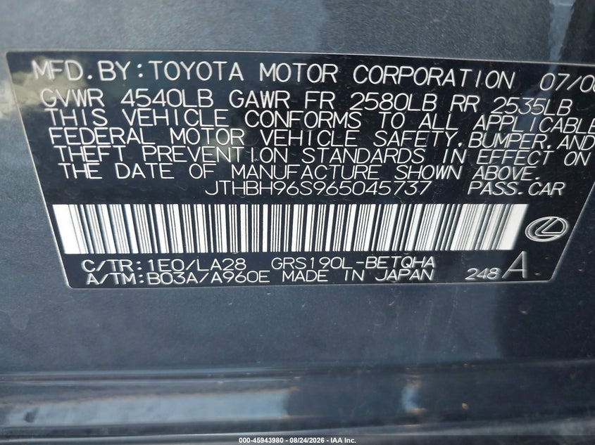 LEXUS GS 300 2006 VIN JTHBH96S965045737