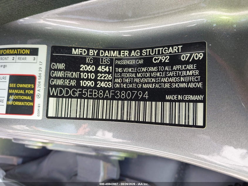 MERCEDES-BENZ C 300 2010 VIN WDDGF5EB8AF380794