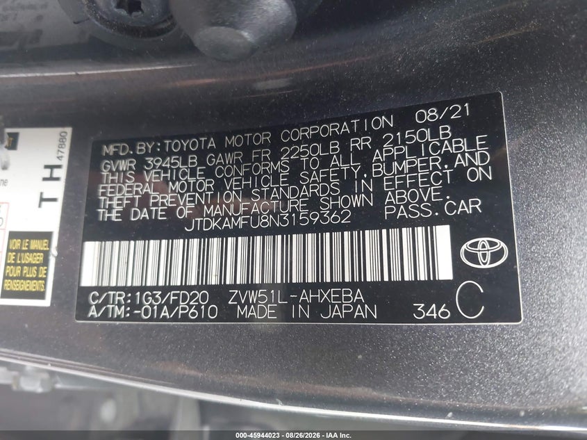 TOYOTA PRIUS 2022 VIN JTDKAMFU8N3159362
