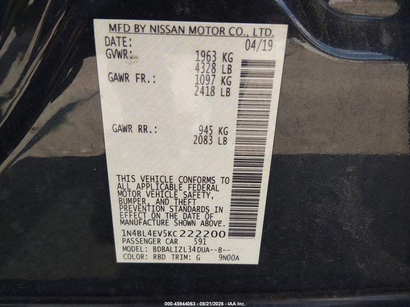 2019 NISSAN ALTIMA SEDAN 2.5L I-4 DI, DOHC, VVT, 182HP