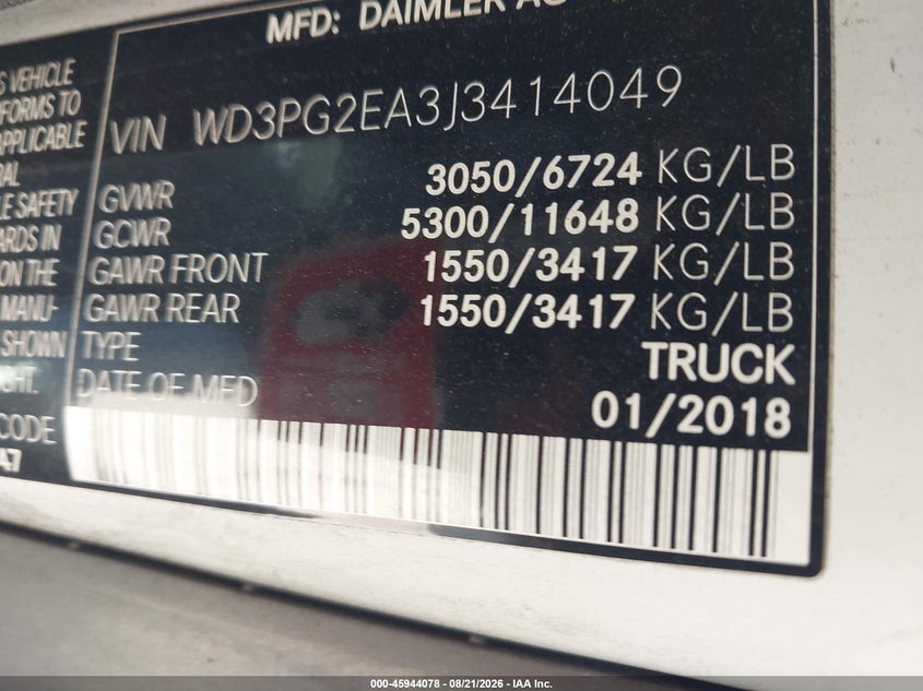 MERCEDES-BENZ METRIS 2018 VIN WD3PG2EA3J3414049