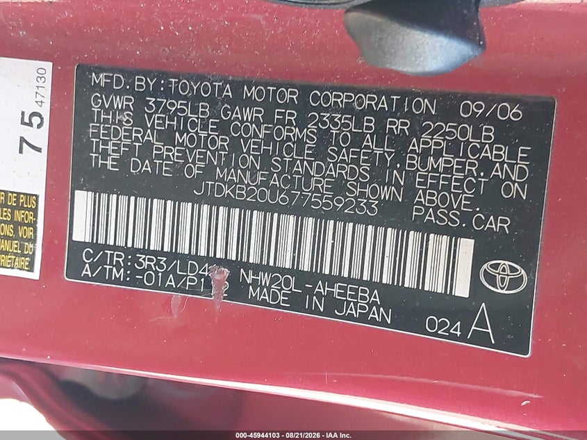 TOYOTA PRIUS 2007 VIN JTDKB20U677559233