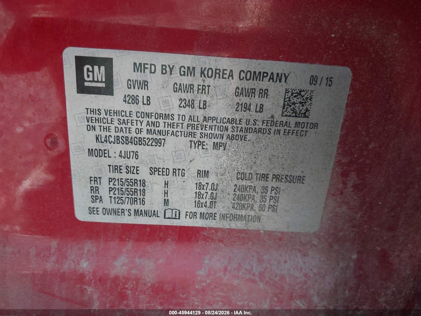 BUICK ENCORE 2016 VIN KL4CJBSB4GB522997
