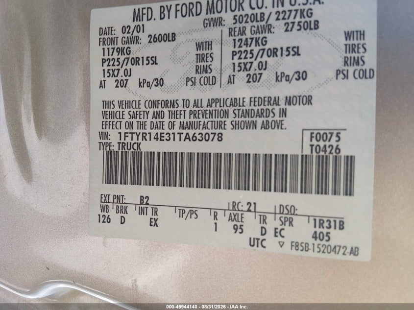 FORD RANGER 2001 VIN 1FTYR14E31TA63078