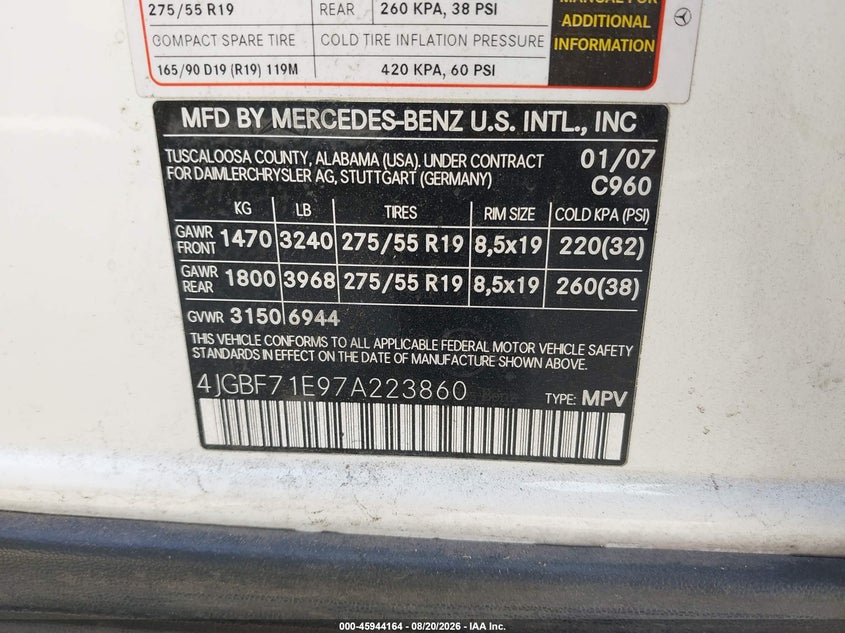 MERCEDES-BENZ GL 450 2007 VIN 4JGBF71E97A223860