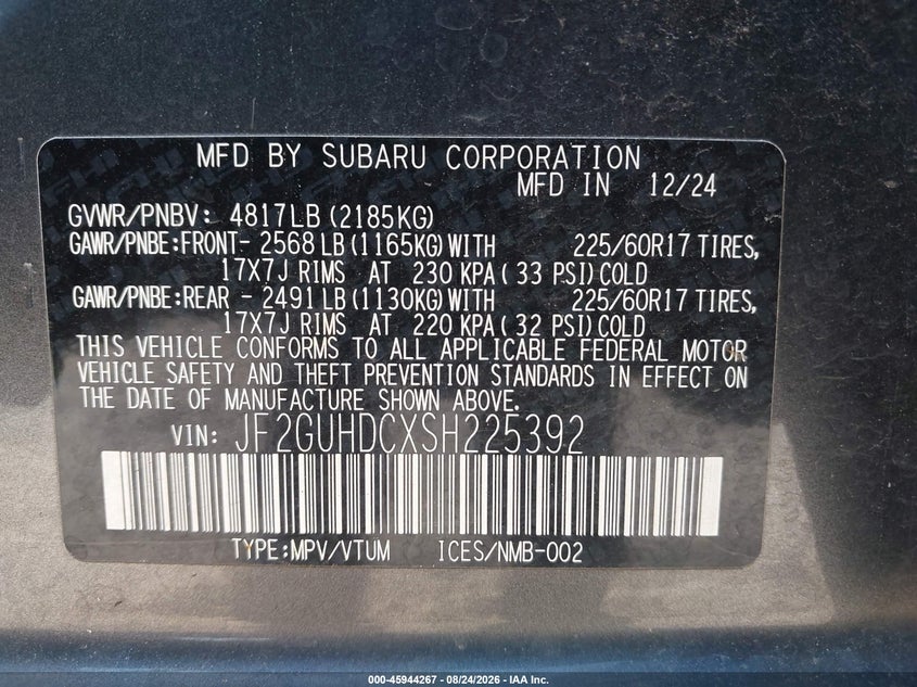 SUBARU CROSSTREK 2025 VIN JF2GUHDCXSH225392