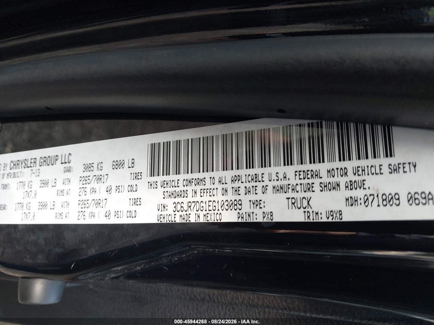 RAM 1500 2014 VIN 3C6JR7DG1EG103089