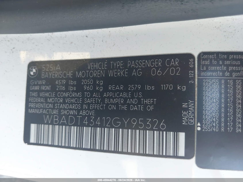 BMW 525IA 2002 VIN WBADT43412GY95326
