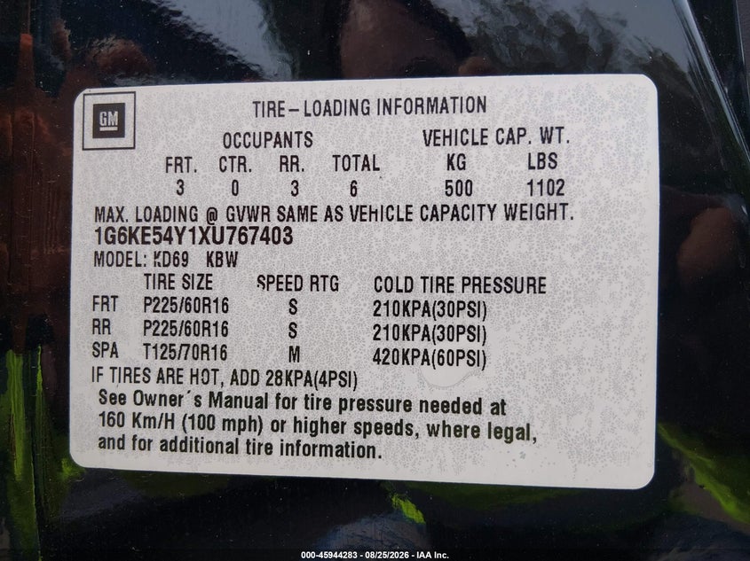 CADILLAC DEVILLE 1999 VIN 1G6KE54Y1XU767403