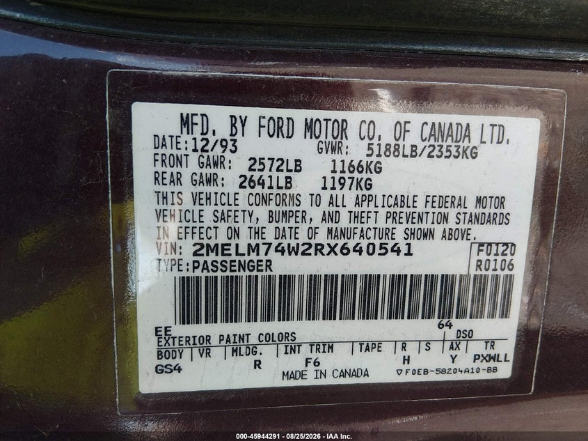 MERCURY GRAND MARQUIS 1994 VIN 2MELM74W2RX640541