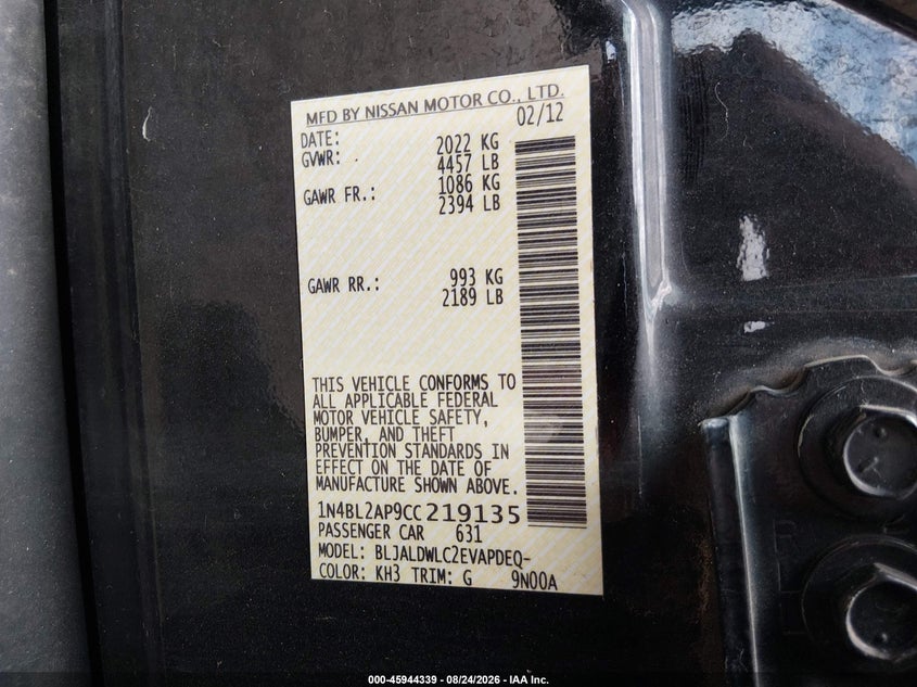 2012 NISSAN ALTIMA SEDAN 3.5L V-6 DOHC, VVT, 270HP