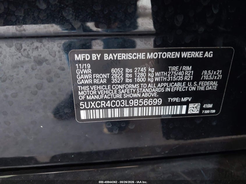 BMW X5 2020 VIN 5UXCR4C03L9B56699