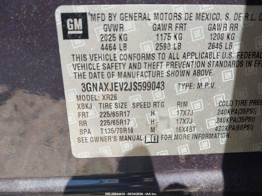 CHEVROLET EQUINOX 2018 VIN 3GNAXJEV2JS599043