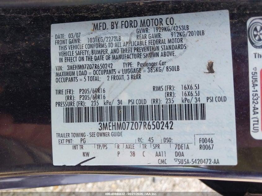 MERCURY MILAN 2007 VIN 3MEHM07Z07R650242
