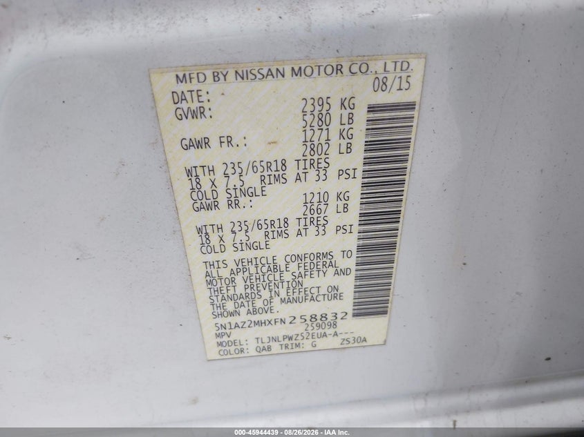 NISSAN MURANO 2015 VIN 5N1AZ2MHXFN258832