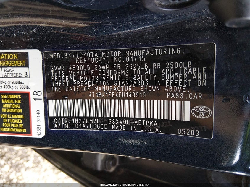 TOYOTA AVALON 2015 VIN 4T1BK1EBXFU149919