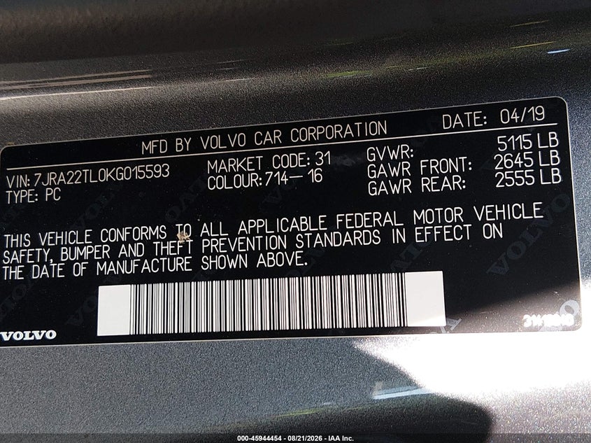VOLVO S60 2019 VIN 7JRA22TL0KG015593