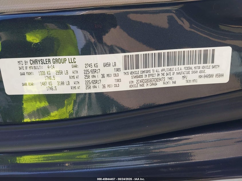 DODGE GRAND CARAVAN 2014 VIN 2C4RDGBG6ER369473