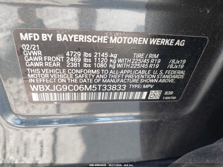 BMW X1 2021 VIN WBXJG9C06M5T33833