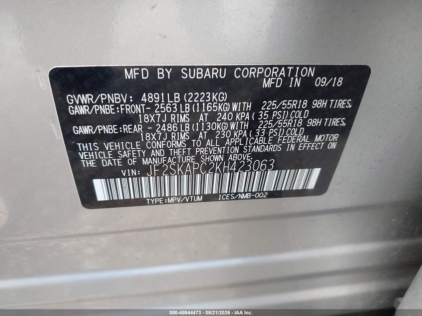 SUBARU FORESTER 2019 VIN JF2SKAPC2KH423063